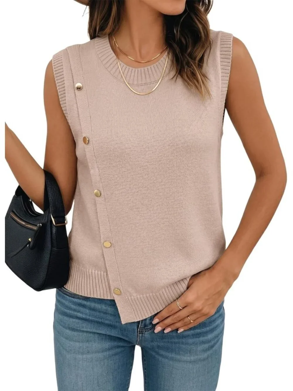 Women's Jet Stream Sleeveless Round Neck Casual Button Decoration Sweater Vest